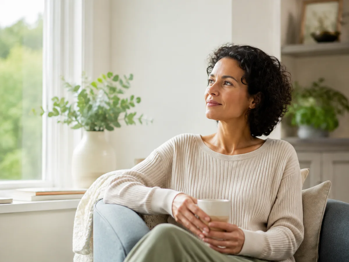 Woman sitting peacefully near a window, representing hopeful depression care