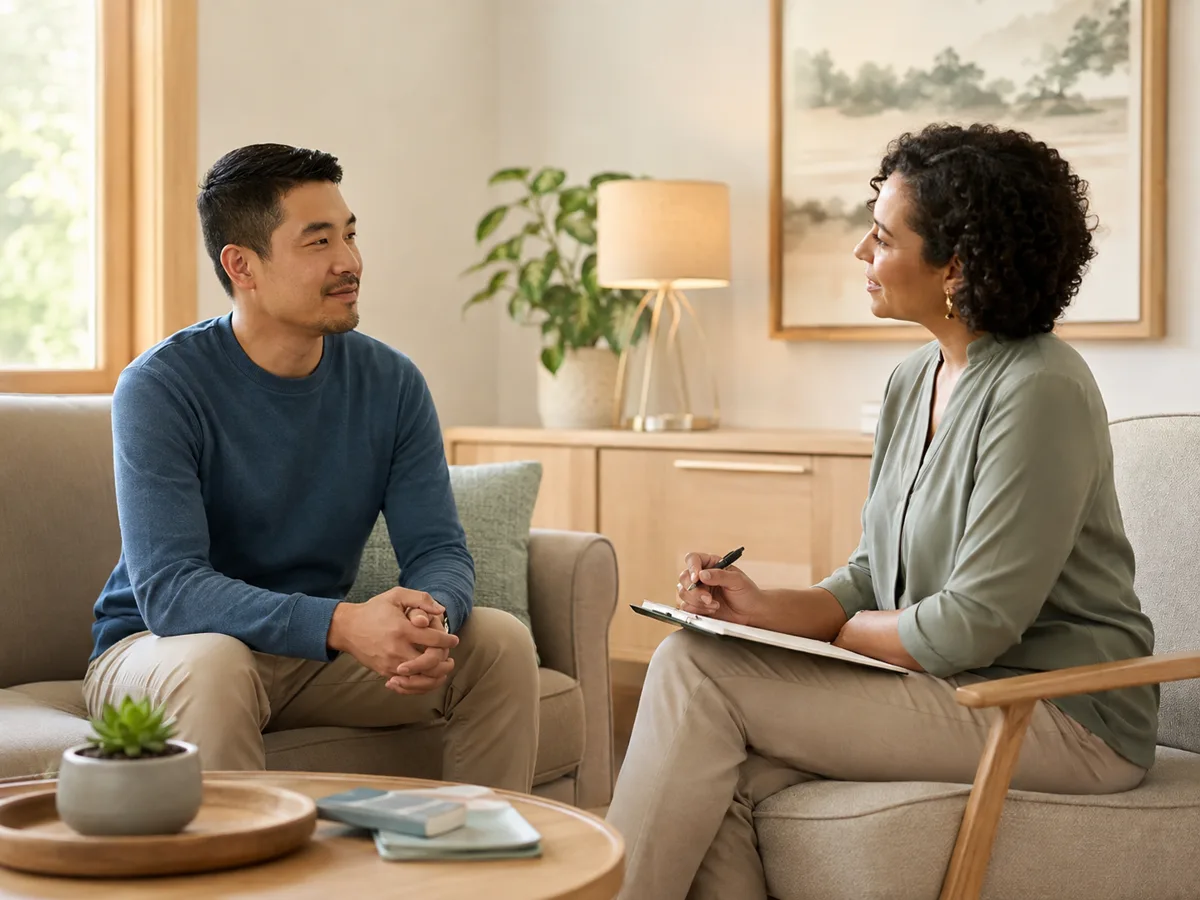 Supportive conversation in a calm setting, representing respectful psychosis care