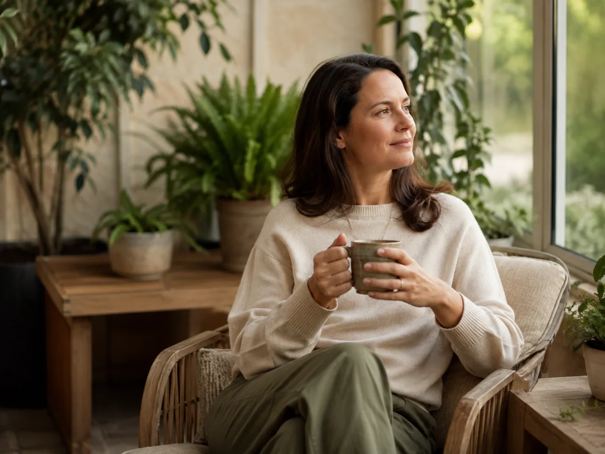 Serene hopeful moment outdoors, representing trauma-sensitive PTSD care